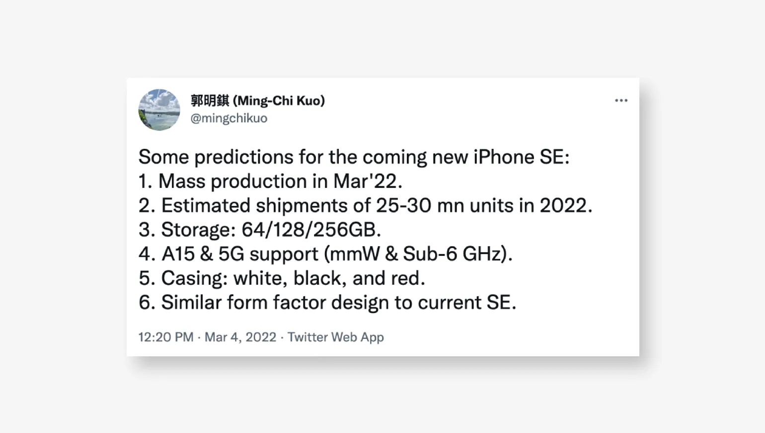 Ming-Chi Kuo tweet Apple iPhone SE 3
